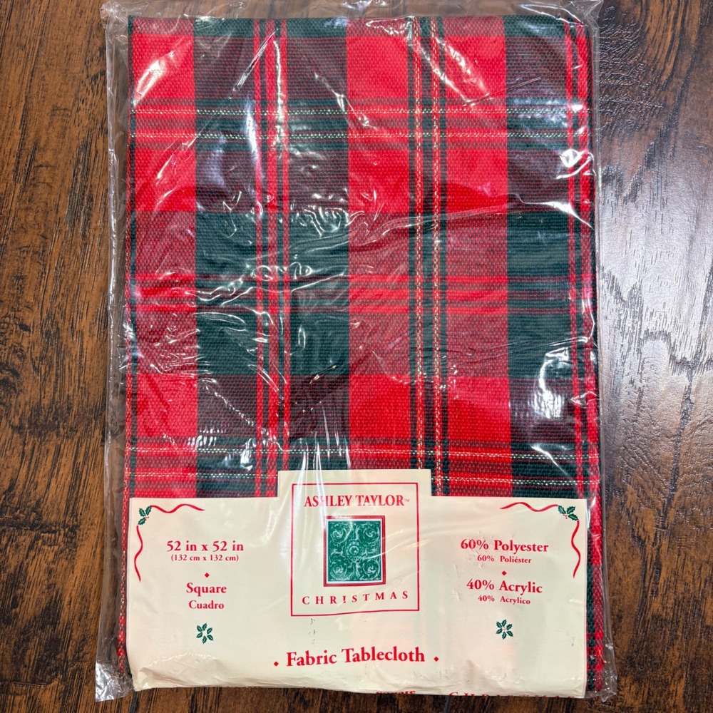 Ashley Taylor Tablecloth Unisex 52x52 Red Green Plaid Christmas Metallic Woven